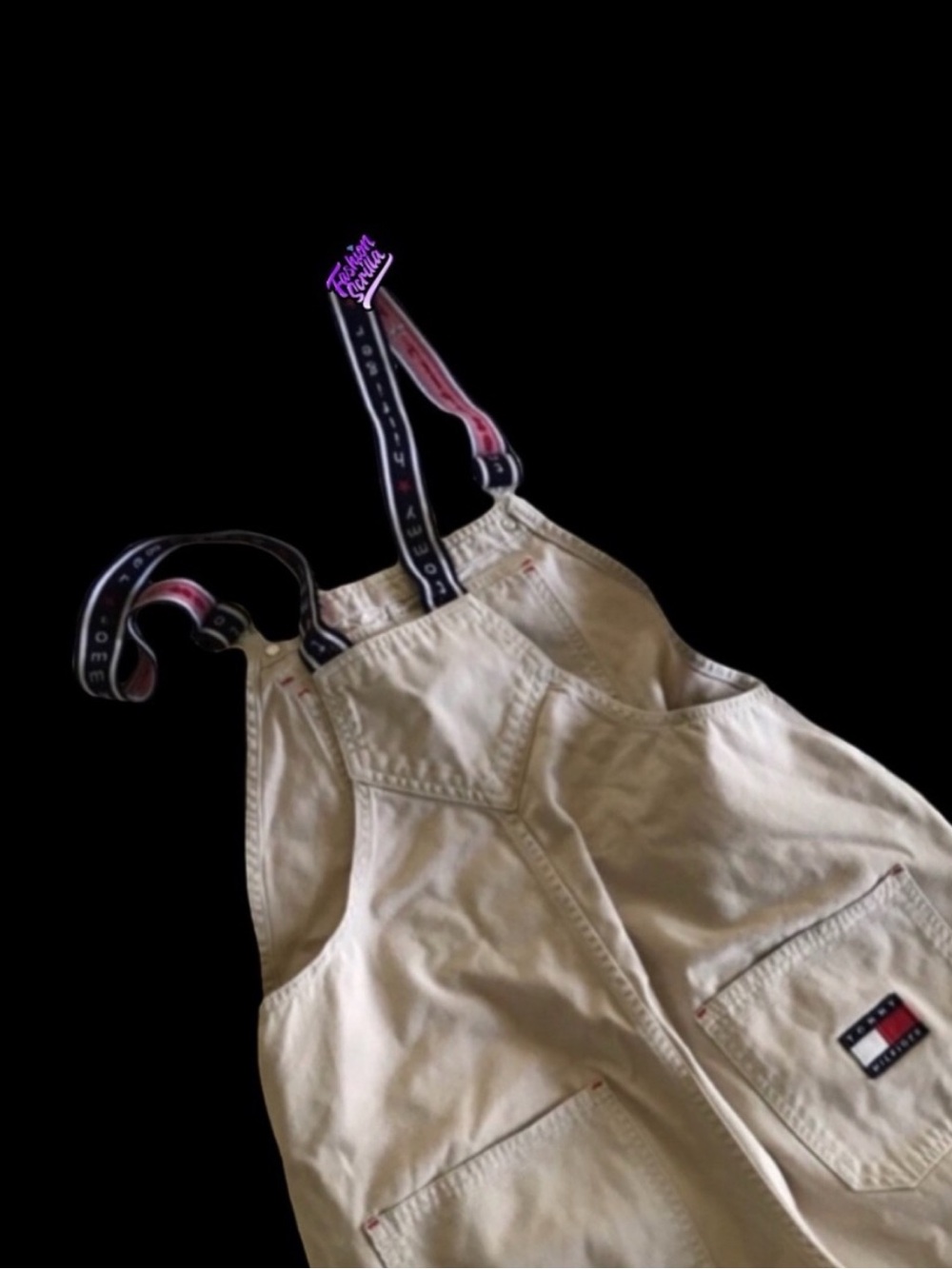 Tommy Hilfiger Vintage Flag Logo Khaki Cream Denim oversized Overalls